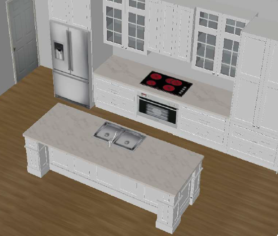 Overhead 3D rendering of a white traditional kitchen with shaker cabinets, a large island with a double sink, a refrigerator, and a cooktop and oven unit.