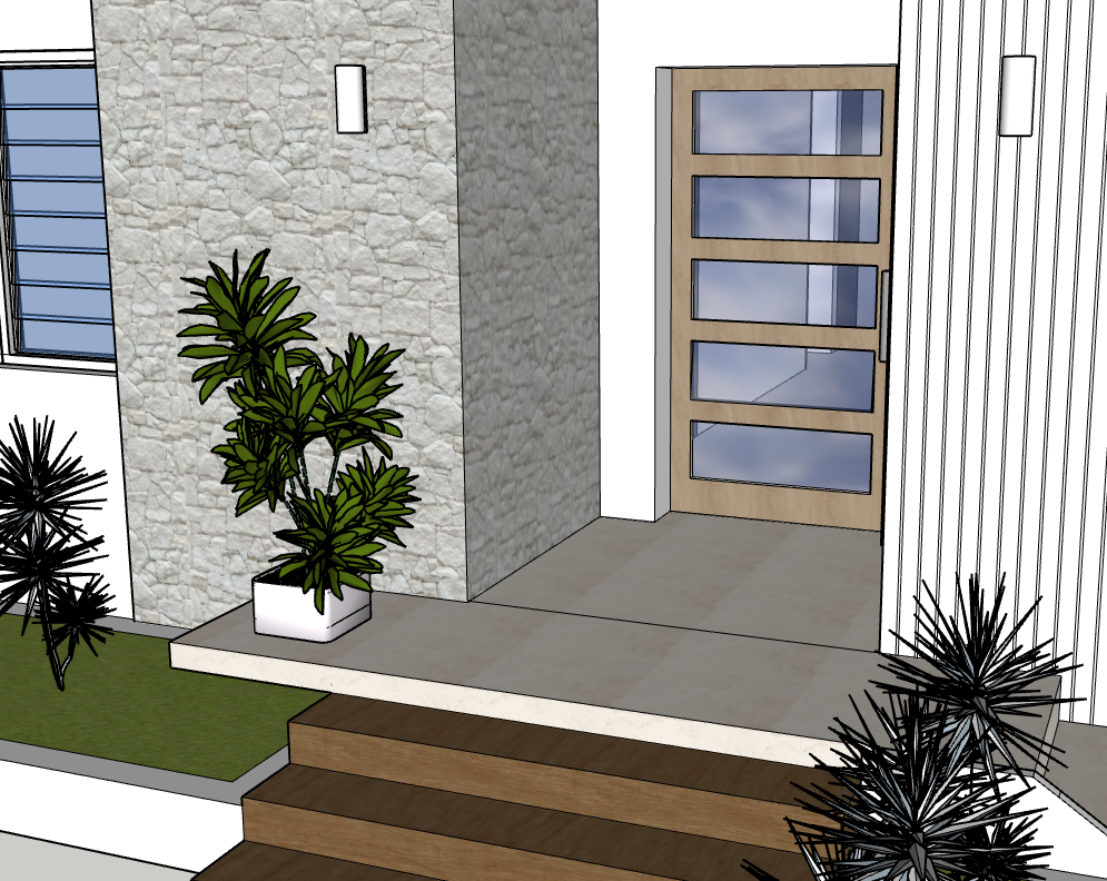 3D rendering of a modern entryway with wood steps