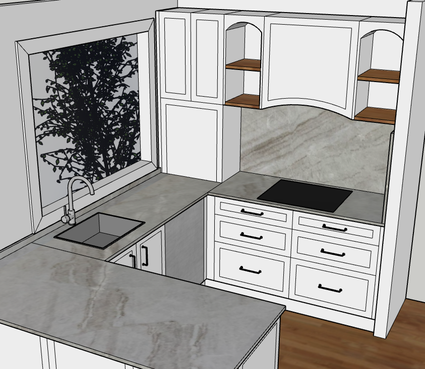 White kitchen cabinet 3D rendering with arched open shelving