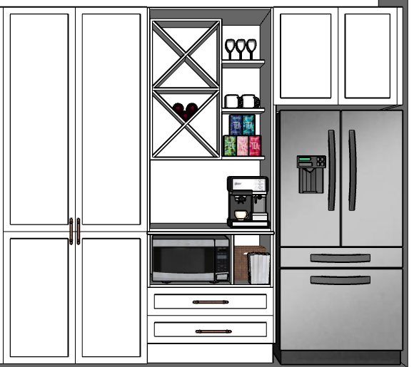 A line drawing showing a kitchen wall elevation with white cabinets next to a stainless steel refrigerator.