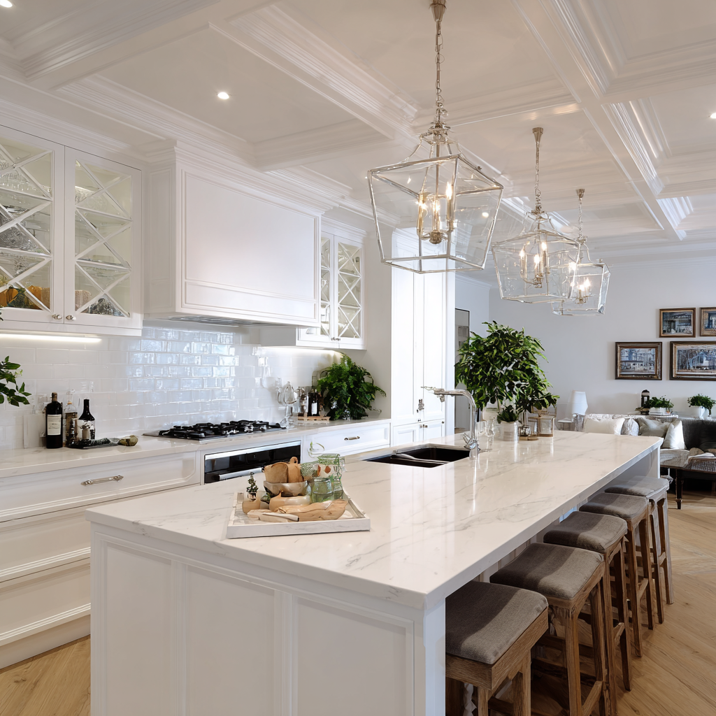 A luxurious white kitchen featuring a large marble-top island with seating, pendant lights, subway tile backsplash, and glass-front upper cabinets.