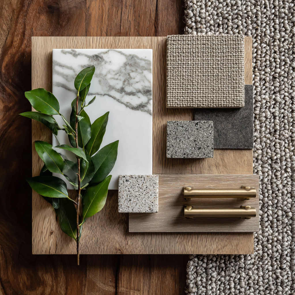 Flat lay of a design mood board featuring wood, white marble, brass hardware, grey stone, a textured rug, and green leaves.