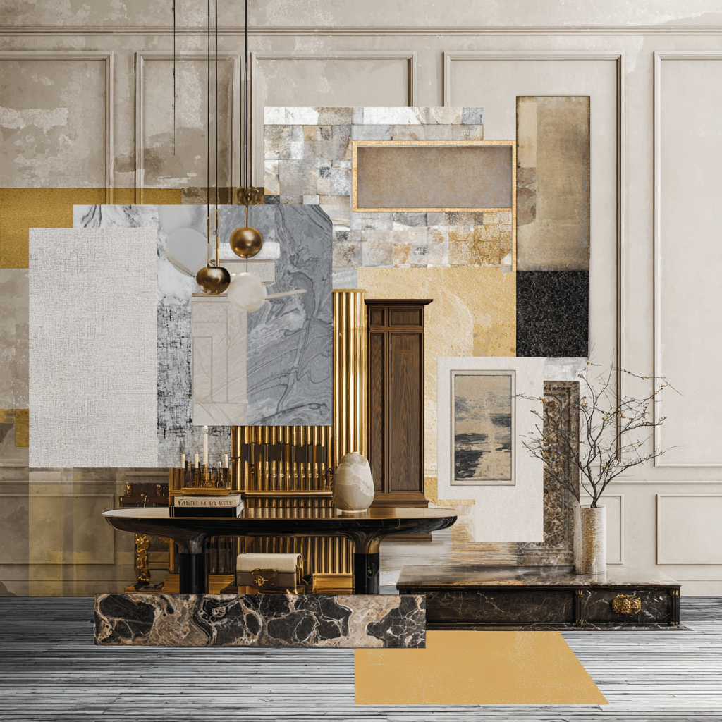 A digital rendering or mood board collage showcasing an opulent interior design concept