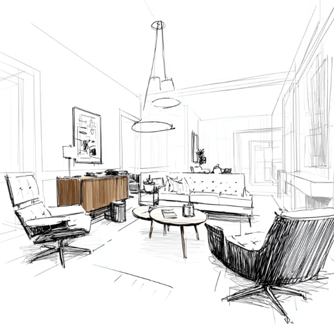 An interior design sketch of a modern living room.